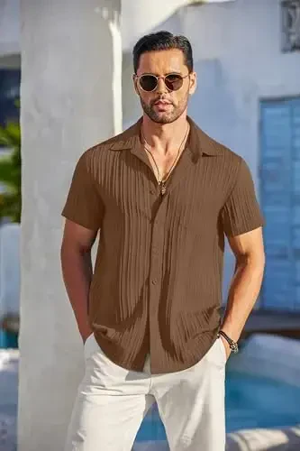 COOFANDY Mens Casual Short Sleeve Shirts Summer Beach Shirt Button Down Textured Shirts Vacation Hawaiian Shirts - 2