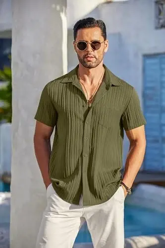 COOFANDY Men's Casual Button Down Shirts Short Sleeve Textured Summer Beach Shirt with Pocket - 2