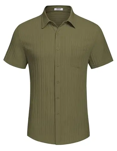 COOFANDY Men's Casual Button Down Shirts Short Sleeve Textured Summer Beach Shirt with Pocket - 4