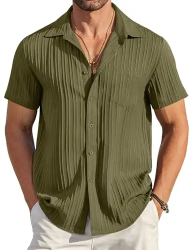COOFANDY Men's Casual Button Down Shirts Short Sleeve Textured Summer Beach Shirt with Pocket - 1