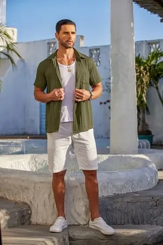 COOFANDY Men's Casual Button Down Shirts Short Sleeve Textured Summer Beach Shirt with Pocket - 3