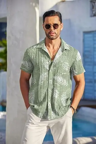 COOFANDY Men's Casual Button Down Shirts Short Sleeve Textured Summer Beach Shirt with Pocket - MODAZONE (1)