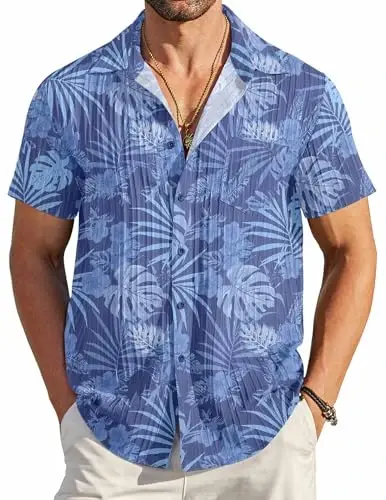 COOFANDY Men's Casual Button Down Shirts Short Sleeve Textured Summer Beach Shirt with Pocket - 1