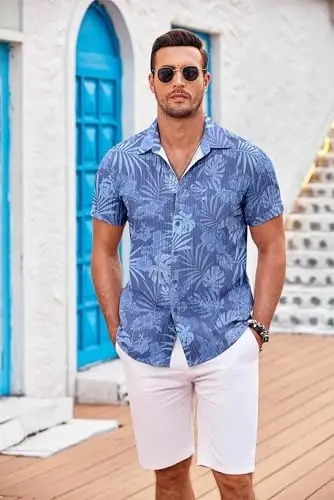 COOFANDY Men's Casual Button Down Shirts Short Sleeve Textured Summer Beach Shirt with Pocket - 2