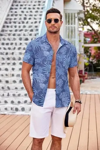 COOFANDY Men's Casual Button Down Shirts Short Sleeve Textured Summer Beach Shirt with Pocket - 3