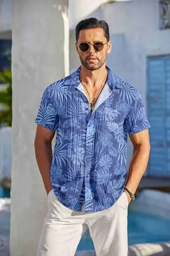 COOFANDY Men's Casual Button Down Shirts Short Sleeve Textured Summer Beach Shirt with Pocket - 4