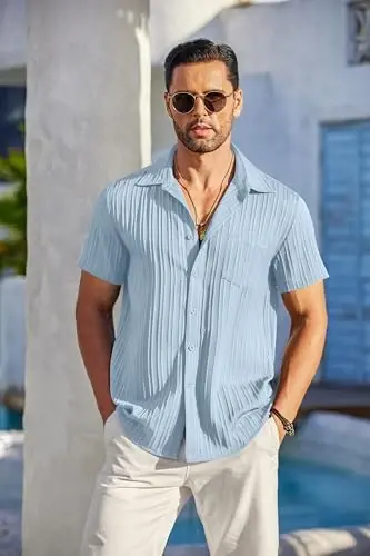 COOFANDY Men's Casual Button Down Shirts Short Sleeve Textured Summer Beach Shirt with Pocket - 2