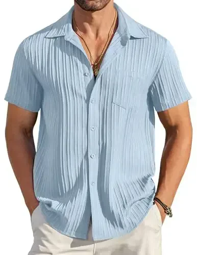 COOFANDY Men's Casual Button Down Shirts Short Sleeve Textured Linen Summer Beach Shirt with Pocket Light Blue - COOFANDY