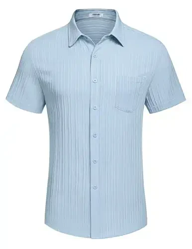 COOFANDY Men's Casual Button Down Shirts Short Sleeve Textured Linen Summer Beach Shirt with Pocket Light Blue - 4