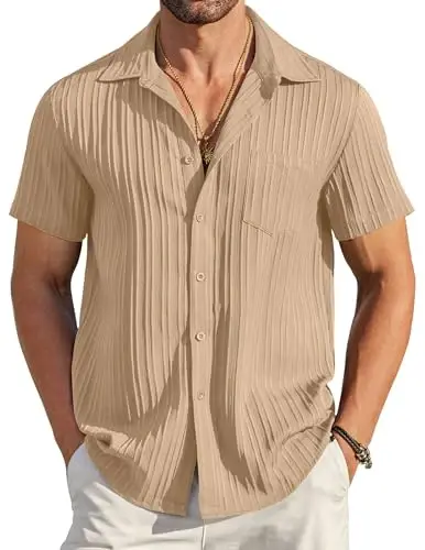 COOFANDY Men's Casual Button Down Shirts Short Sleeve Textured Summer Beach Shirt with Pocket 