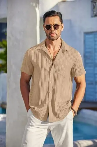 COOFANDY Men's Casual Button Down Shirts Short Sleeve Textured Summer Beach Shirt with Pocket - 2
