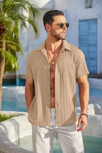 COOFANDY Men's Casual Button Down Shirts Short Sleeve Textured Summer Beach Shirt with Pocket - 3