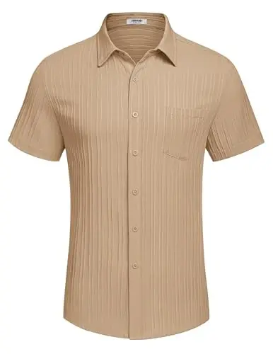 COOFANDY Men's Casual Button Down Shirts Short Sleeve Textured Summer Beach Shirt with Pocket - 4