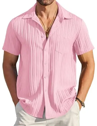 COOFANDY Men's Casual Button Down Shirts Short Sleeve Textured Summer Beach Shirt with Pocket - 1