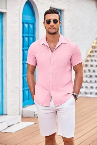 COOFANDY Men's Casual Button Down Shirts Short Sleeve Textured Summer Beach Shirt with Pocket - 2