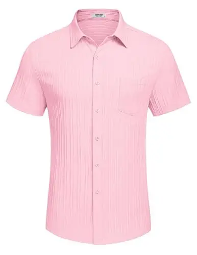 COOFANDY Men's Casual Button Down Shirts Short Sleeve Textured Summer Beach Shirt with Pocket - 4