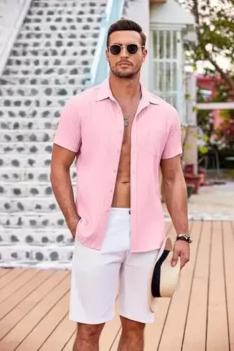 COOFANDY Men's Casual Button Down Shirts Short Sleeve Textured Summer Beach Shirt with Pocket - 3