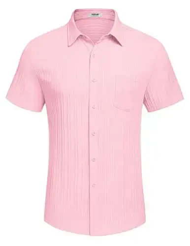 COOFANDY Men's Casual Button Down Shirts Short Sleeve Textured Summer Beach Shirt with Pocket - 4