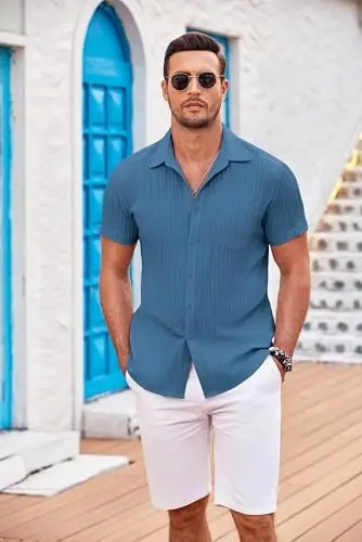 COOFANDY Men's Casual Button Down Shirts Short Sleeve Textured Summer Beach Shirt with Pocket 