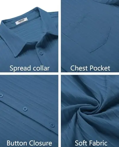 COOFANDY Men's Casual Button Down Shirts Short Sleeve Textured Summer Beach Shirt with Pocket - 4