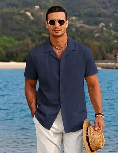 COOFANDY Men's Casual Button Down Shirts Short Sleeve Summer Beach Shirt Cuban Vacation Textured Shirts with Pocket - 2