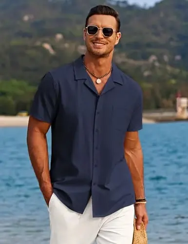 COOFANDY Men's Casual Button Down Shirts Short Sleeve Summer Beach Shirt Cuban Vacation Textured Shirts with Pocket - 3
