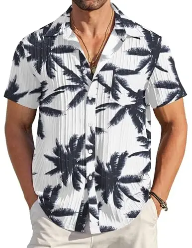 COOFANDY Men's Casual Button Down Shirts Short Sleeve Textured Summer Beach Shirt with Pocket - 1
