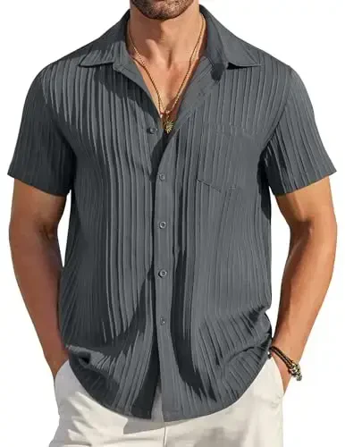 COOFANDY Men's Casual Button Down Shirts Short Sleeve Textured Summer Beach Shirt with Pocket - 1