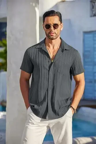 COOFANDY Men's Casual Button Down Shirts Short Sleeve Textured Summer Beach Shirt with Pocket - 2