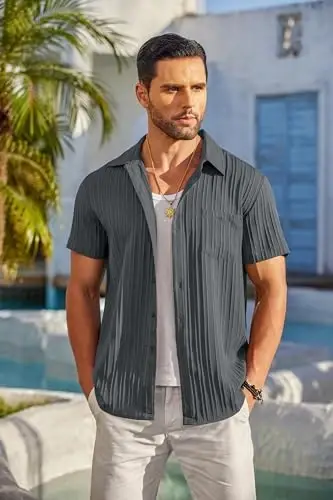 COOFANDY Men's Casual Button Down Shirts Short Sleeve Textured Summer Beach Shirt with Pocket - 3