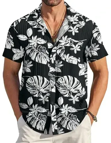 COOFANDY Men's Casual Button Down Shirts Short Sleeve Textured Summer Beach Shirt with Pocket - 1