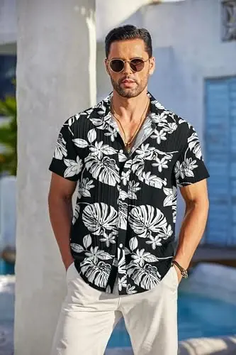COOFANDY Men's Casual Button Down Shirts Short Sleeve Textured Summer Beach Shirt with Pocket - 2