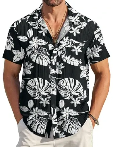 COOFANDY Men's Casual Button Down Shirts Short Sleeve Textured Summer Beach Shirt with Pocket - 1