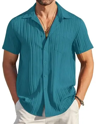 COOFANDY Men's Casual Button Down Shirts Short Sleeve Textured Summer Beach Shirt with Pocket - 1