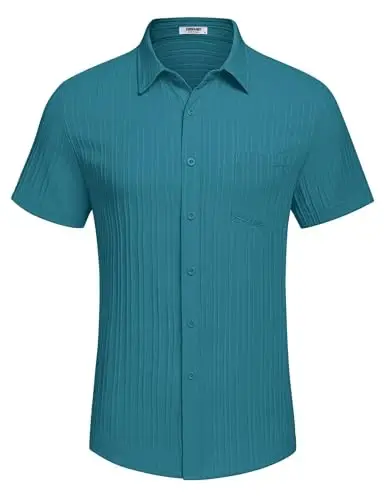 COOFANDY Men's Casual Button Down Shirts Short Sleeve Textured Summer Beach Shirt with Pocket - 4