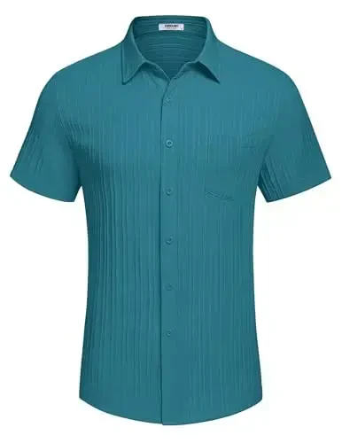 COOFANDY Men's Casual Button Down Shirts Short Sleeve Textured Summer Beach Shirt with Pocket - 4