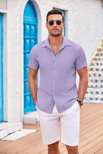COOFANDY Men's Casual Button Down Shirts Short Sleeve Textured Summer Beach Shirt with Pocket - 2