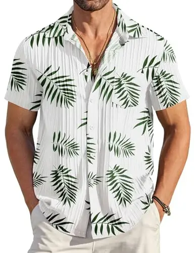COOFANDY Men's Casual Button Down Shirts Short Sleeve Textured Summer Beach Shirt with Pocket - COOFANDY