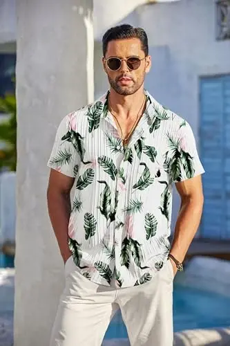 COOFANDY Men's Casual Button Down Shirts Short Sleeve Textured Summer Beach Shirt with Pocket - 2