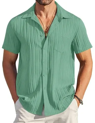 COOFANDY Men's Casual Button Down Shirts Short Sleeve Textured Summer Beach Shirt with Pocket - 1