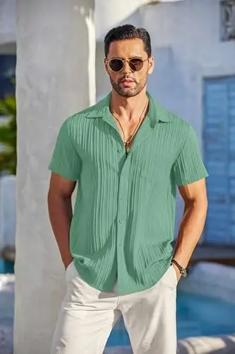 COOFANDY Men's Casual Button Down Shirts Short Sleeve Textured Summer Beach Shirt with Pocket - 2