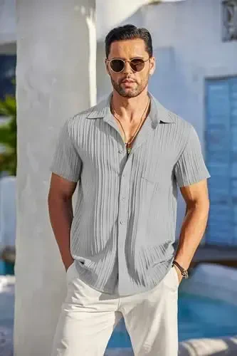 COOFANDY Men's Casual Button Down Shirts Short Sleeve Textured Summer Beach Shirt with Pocket - COOFANDY (1)