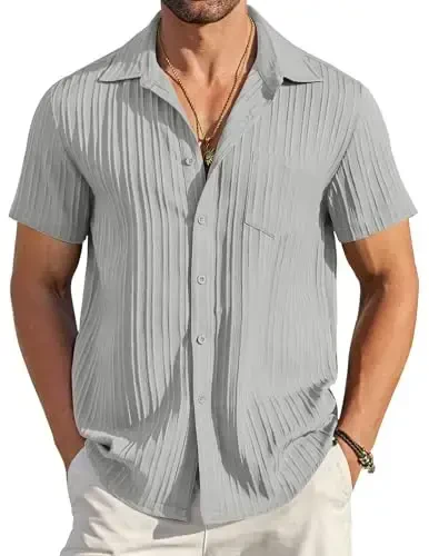 COOFANDY Men's Casual Button Down Shirts Short Sleeve Textured Summer Beach Shirt with Pocket - 1
