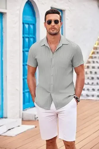 COOFANDY Men's Casual Button Down Shirts Short Sleeve Textured Summer Beach Shirt with Pocket - 3
