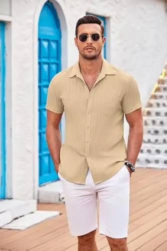 COOFANDY Men's Casual Button Down Shirts Short Sleeve Textured Summer Beach Shirt with Pocket - COOFANDY (1)