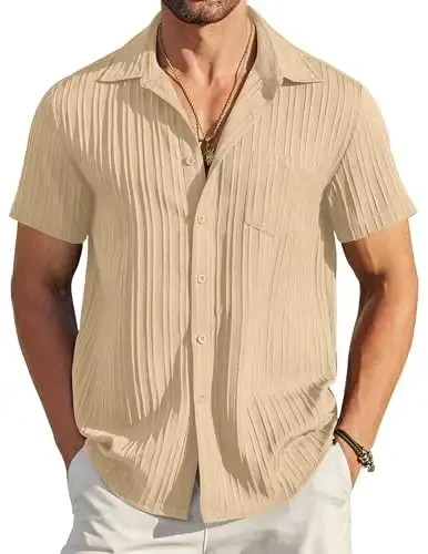 COOFANDY Men's Casual Button Down Shirts Short Sleeve Textured Summer Beach Shirt with Pocket 