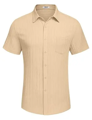 COOFANDY Men's Casual Button Down Shirts Short Sleeve Textured Summer Beach Shirt with Pocket - 4