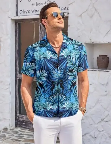 COOFANDY Men's Casual Button Down Shirts Short Sleeve Summer Cuban Vacation Beach Shirts - 5