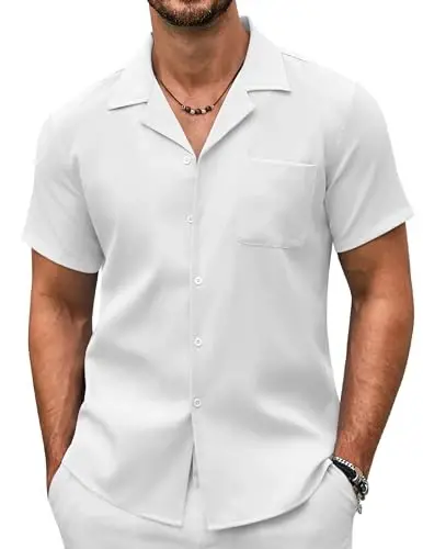 COOFANDY Men's Casual Button Down Shirts Short Sleeve Summer Beach Shirt Fashion Textured Shirts with Pocket - 1