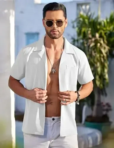 COOFANDY Men's Casual Button Down Shirts Short Sleeve Summer Beach Shirt Fashion Textured Shirts with Pocket - 3